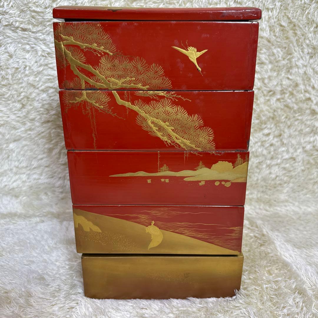 高砂蒔絵　朱塗五重　重箱　お重