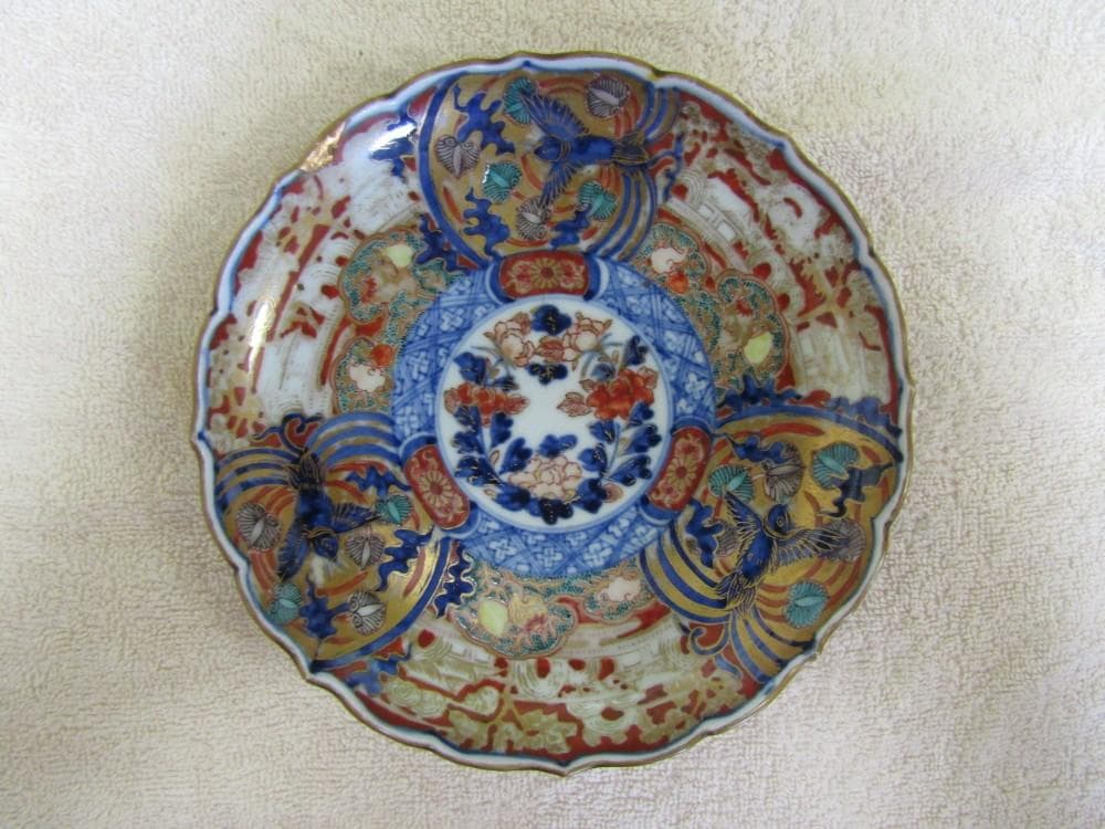 色絵　牡丹雀文稜花中皿　献上手