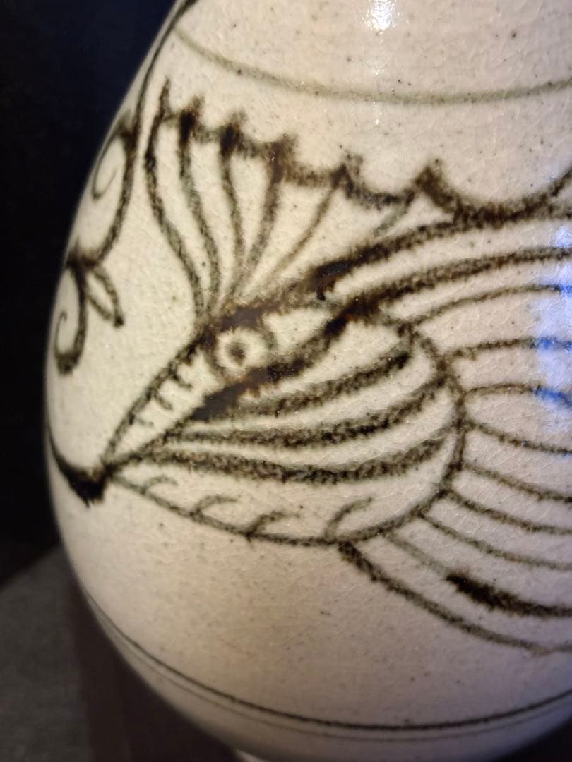 絵刷毛目魚文徳利 鶏龍山遊魚文酒瓶　鉄絵徳利　花瓶　花入　李朝