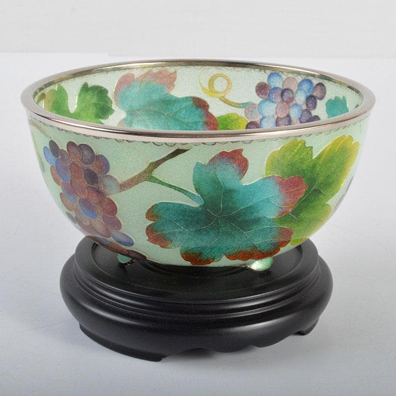 工芸ガラス　銅覆輪　葡萄文　鉢　唐木台付　時代箱付　H　R4332