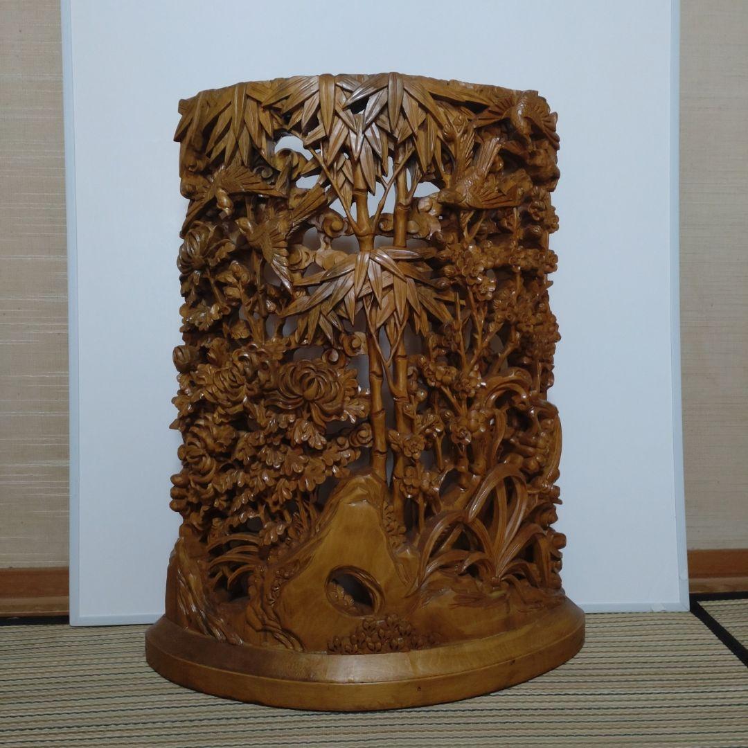 木製インテリア 竹と花の彫刻