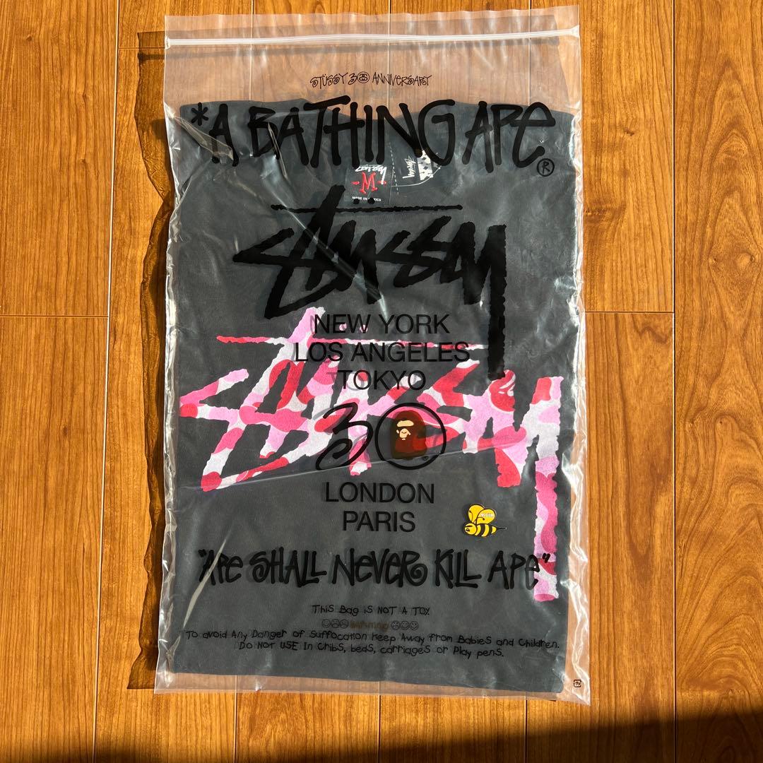 A BATHING APE×stussy30thTシャツ ピンクカモブラックM