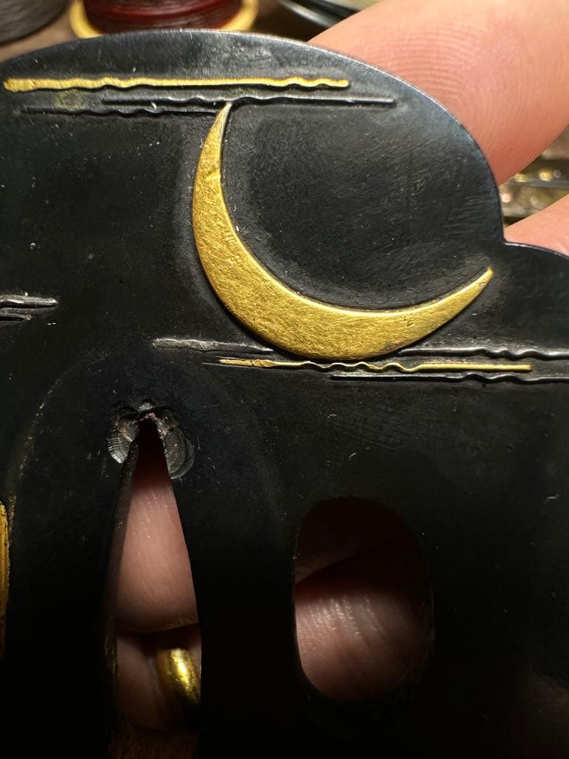 赤銅　鍔　つば　武具　象嵌　波兎　獅子牡丹　江戸時代　骨董古美術