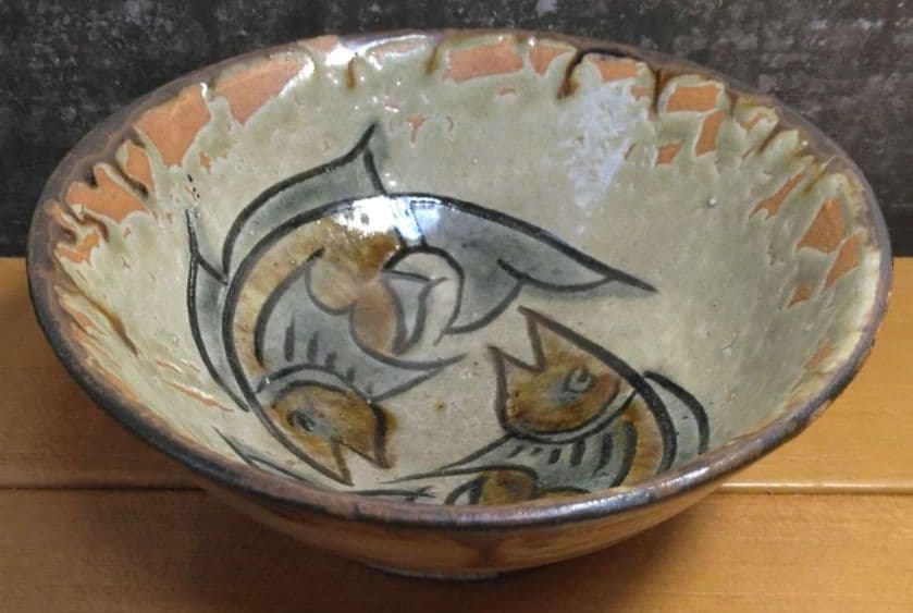 人間国宝 金城次郎 壷屋焼マカイ 栞 共箱 無傷 壺屋焼 やちむん 笑魚2匹