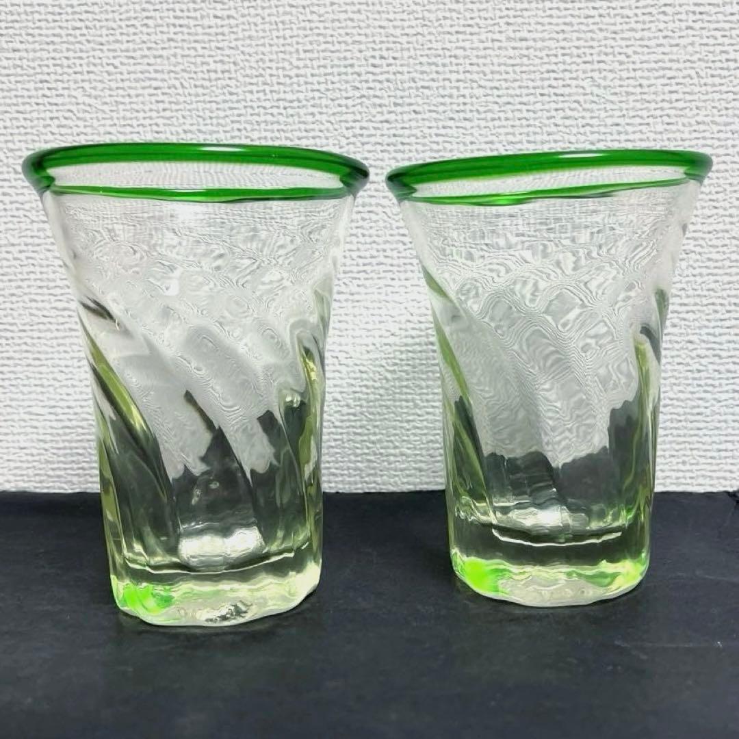 時代ガラス　古作　手吹きガラス　緑と青リム　グラス　４客セット