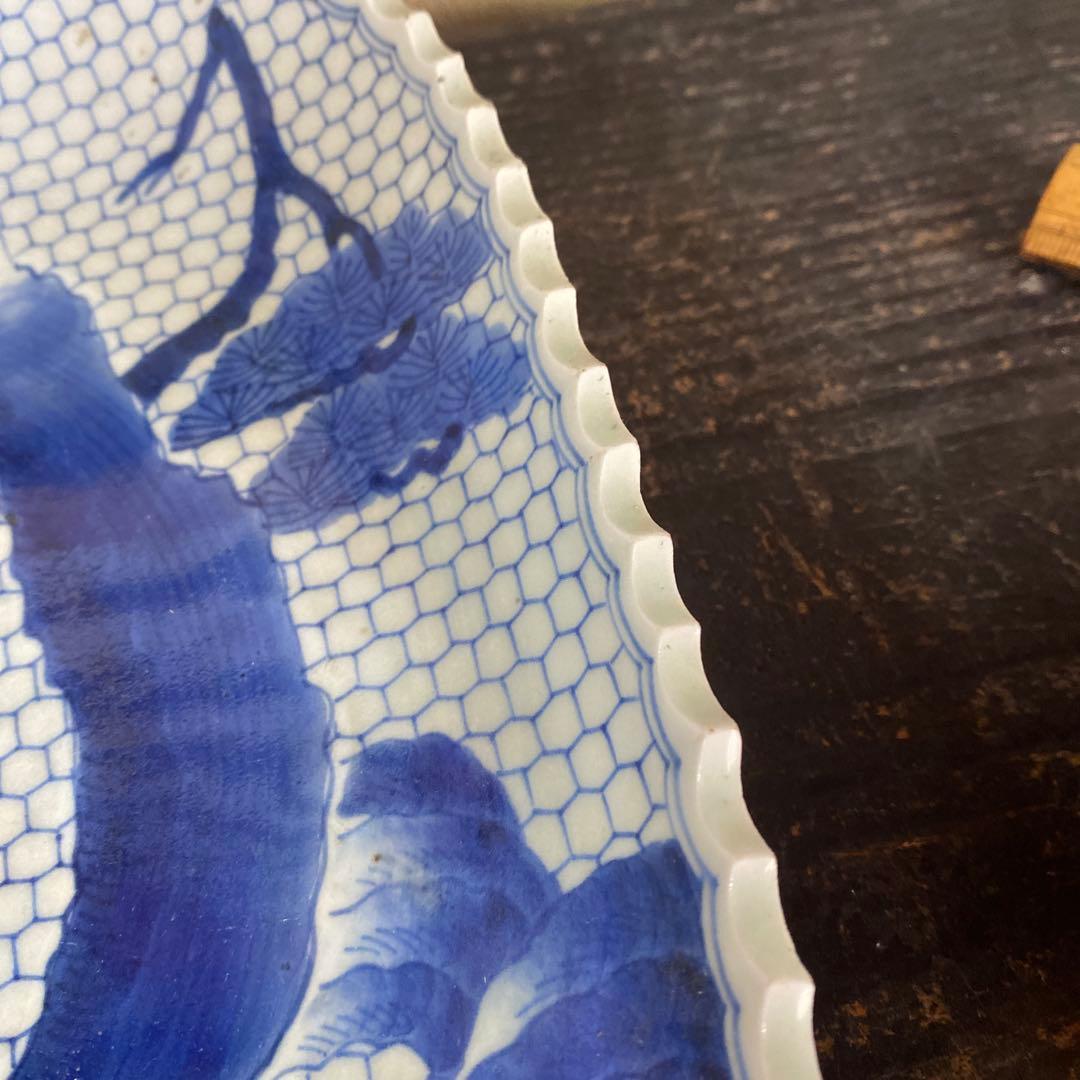 古伊万里江戸後期染付鷹狩り図大皿