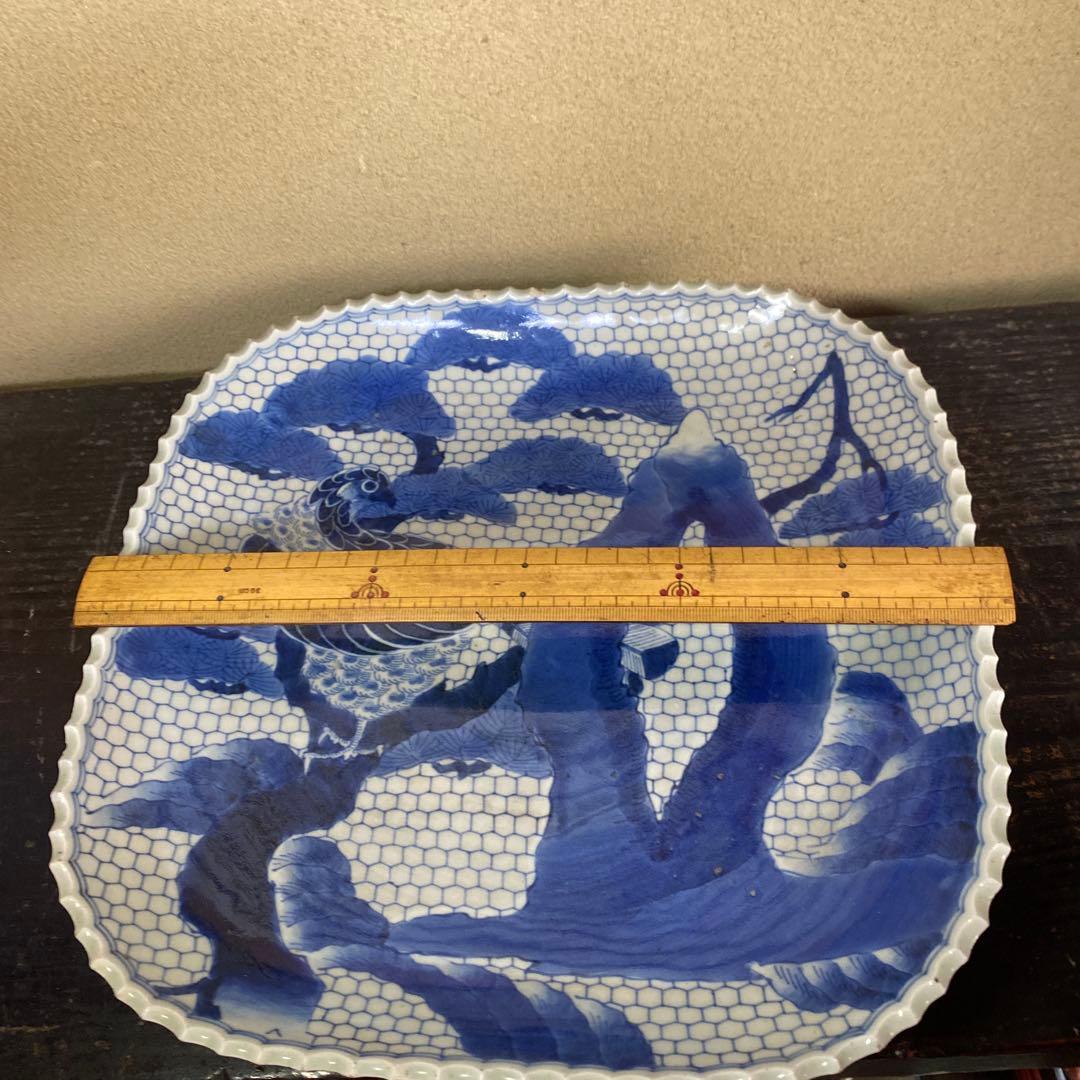 古伊万里江戸後期染付鷹狩り図大皿