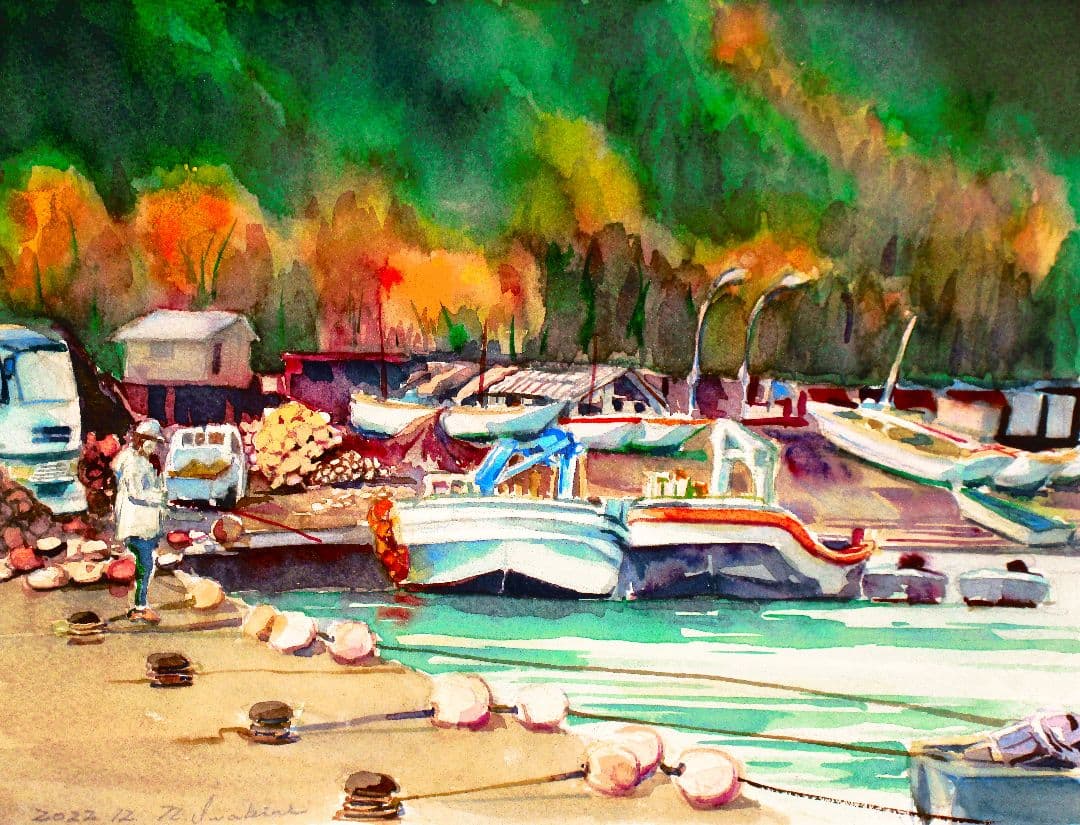 [萌えるような秋 の風景]水彩画 木製フレーム付き