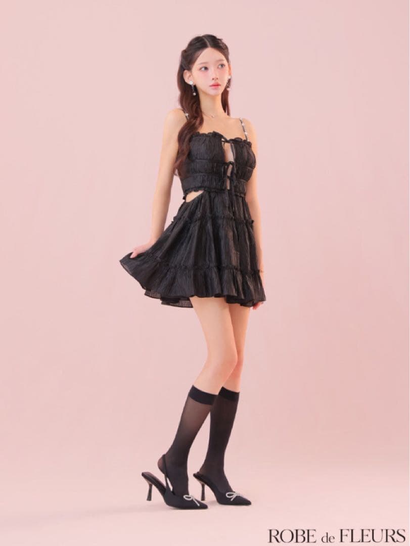 8*️様 ROBE de FLEURS シャーリングサテンウエストスリットフレア