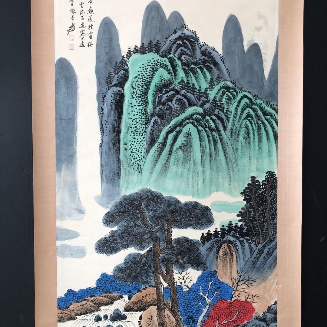 中国画 掛け軸 山水画 中堂 四尺 手描き 彩色 水墨 山岳 風景画 中国美術
