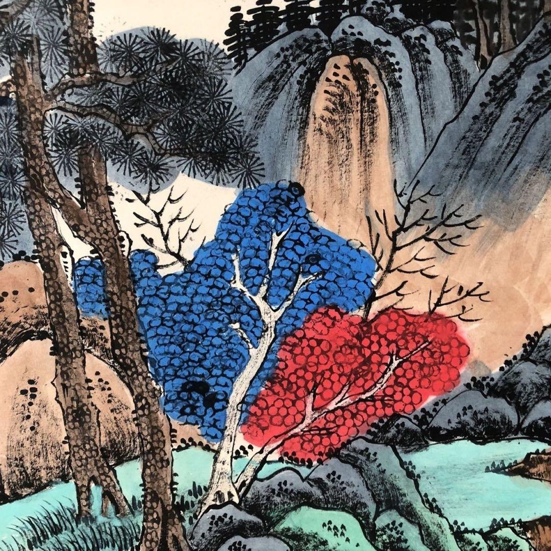 中国画 掛け軸 山水画 中堂 四尺 手描き 彩色 水墨 山岳 風景画 中国美術