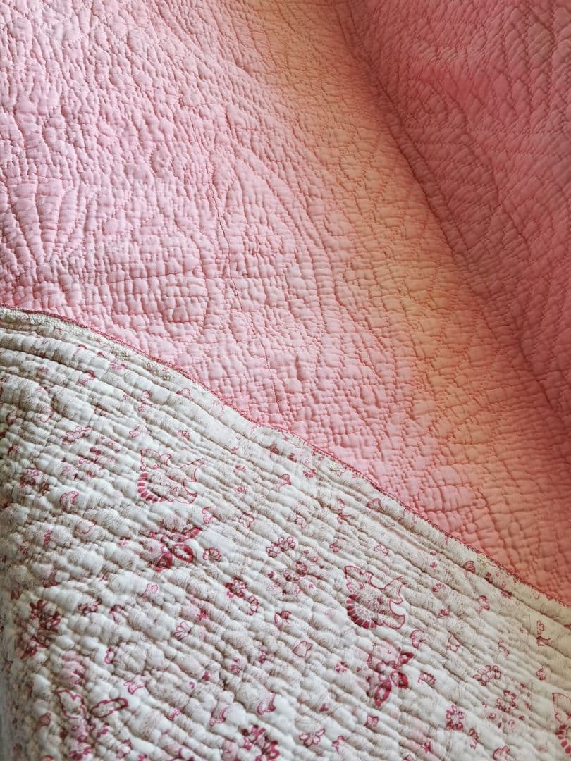 アンティーク英国 ウェールズ/ダーラムキルト 花更紗ペイズリー ハンドステッチ