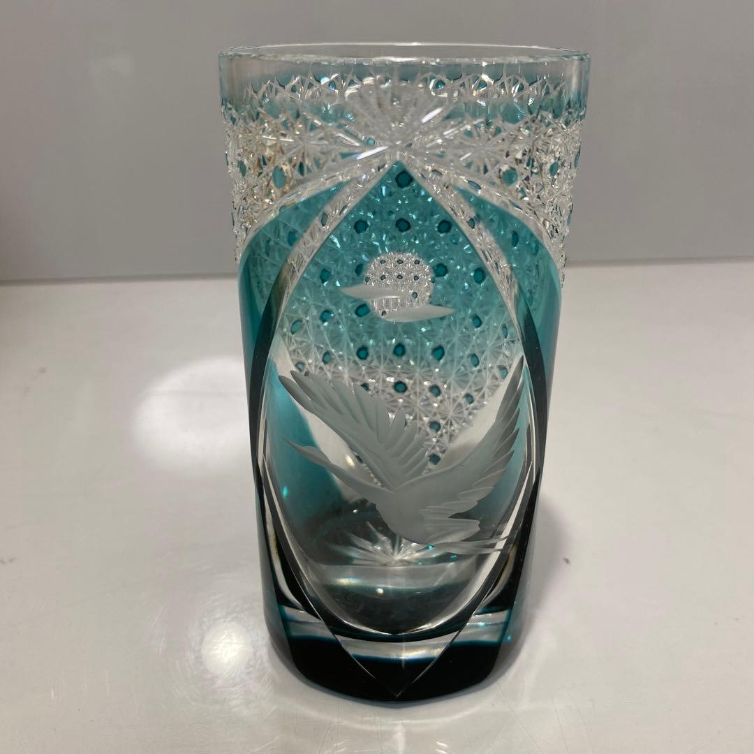 未使用 江戸切子 但野英芳 月に鶴図 ガラス コップ 伝統工芸 切子