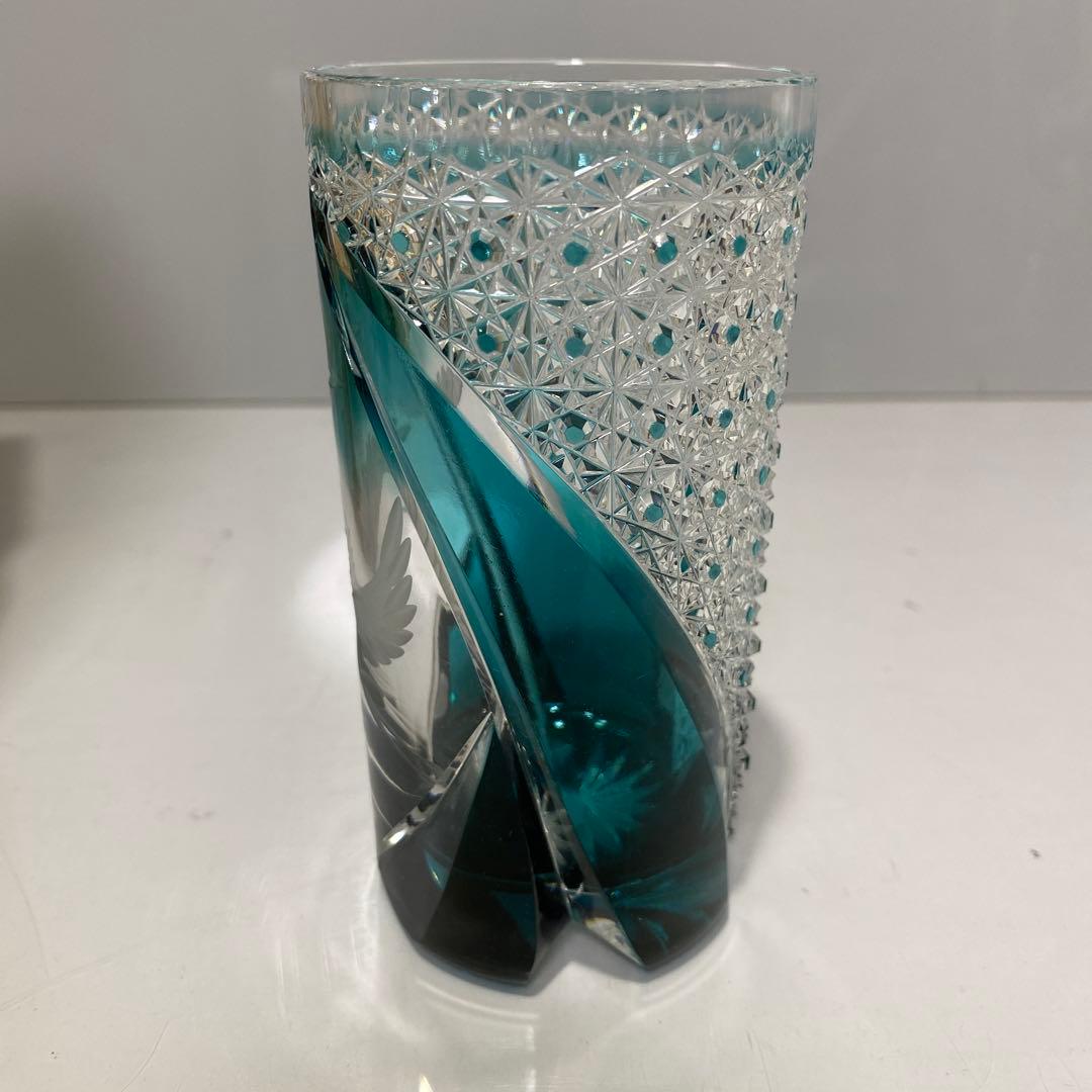 未使用 江戸切子 但野英芳 月に鶴図 ガラス コップ 伝統工芸 切子