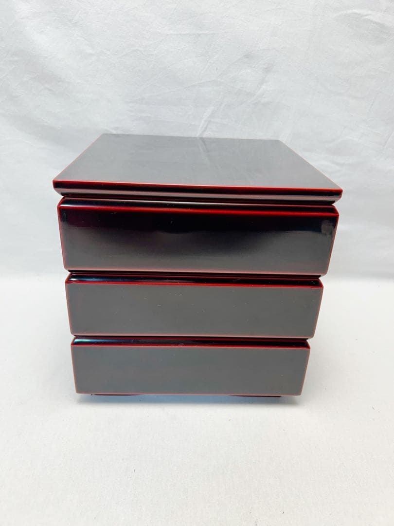 ほぼ未使用 懐石道具 木製溜塗 三段重 内朱 元箱