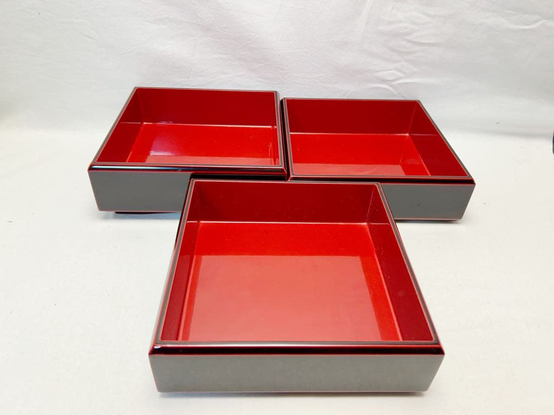 ほぼ未使用 懐石道具 木製溜塗 三段重 内朱 元箱