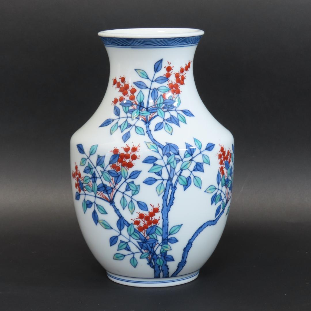 ⭕407 今泉今右衛門 錦南天絵花瓶 高21cm/色鍋島 人間国宝 有田焼