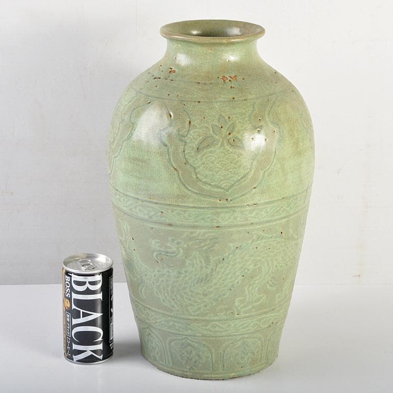 朝鮮美術　李朝　高麗青磁　象嵌龍文瓶　M　R7353B