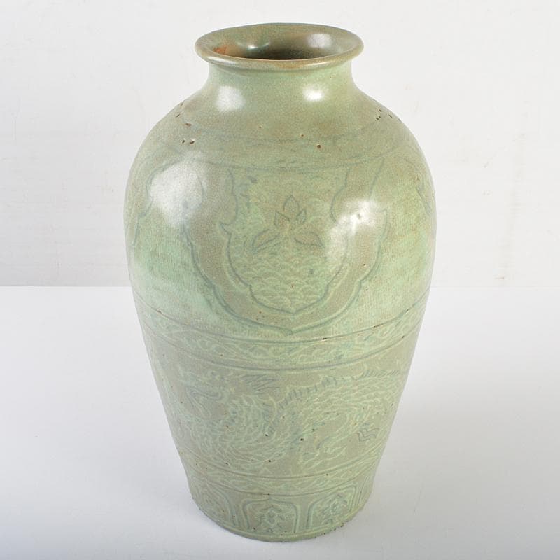 朝鮮美術　李朝　高麗青磁　象嵌龍文瓶　M　R7353B