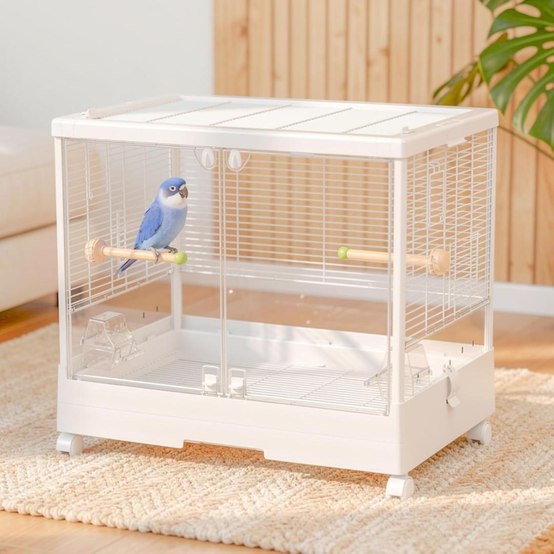 【新品・未使用】鳥かご バードケージ 大型 アルミ合金柱 餌飛散防止 透明大前門