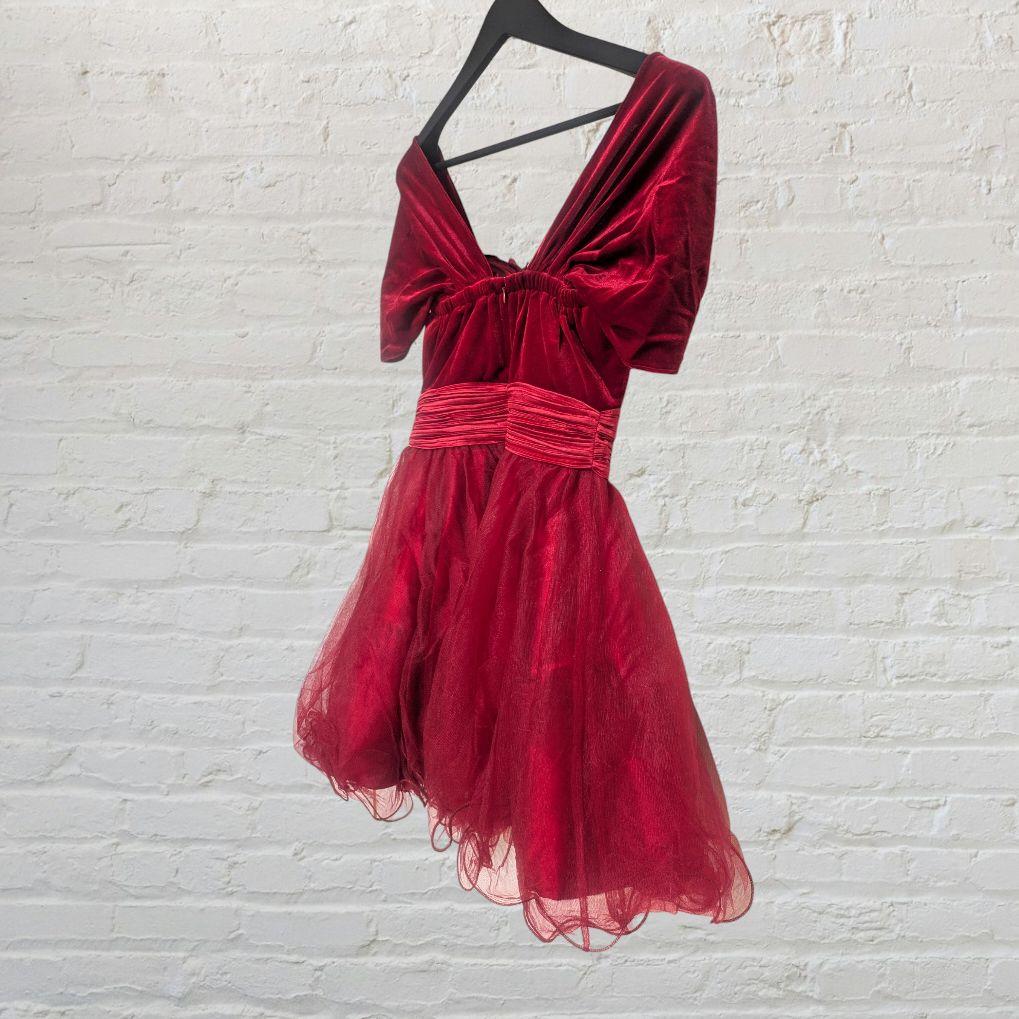 M レッド ミニドレス オフショル フレア Aライン ベロア シフォン ウエスト