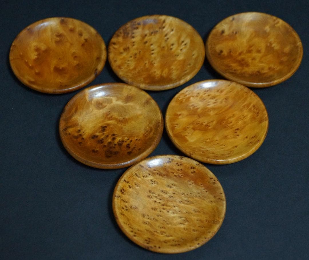 煎茶道具 唐木カリン花梨 玉杢 葡萄杢 茶托6客 造形茶托入れセット美しい木目