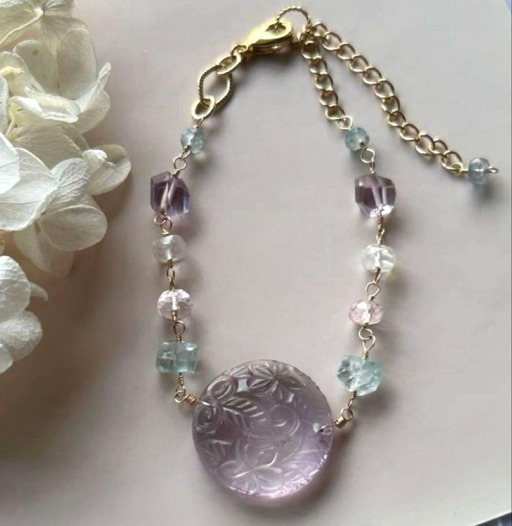 専用❣️ピンクアメジストプルメリアカービング＆アクアマリンとモルガナイトのブレス他