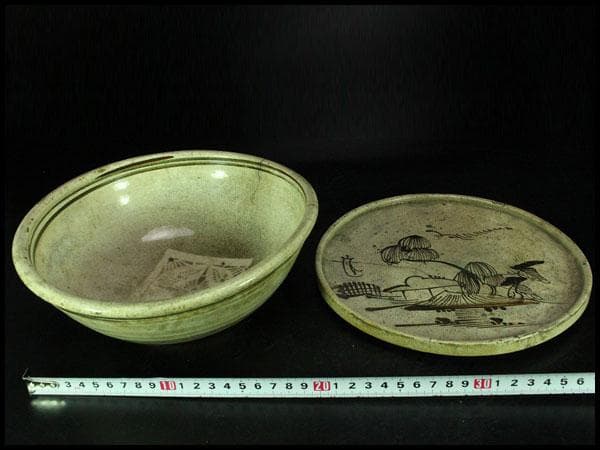 絵瀬戸 行燈皿 碗 時代物 二件(K-YC584)