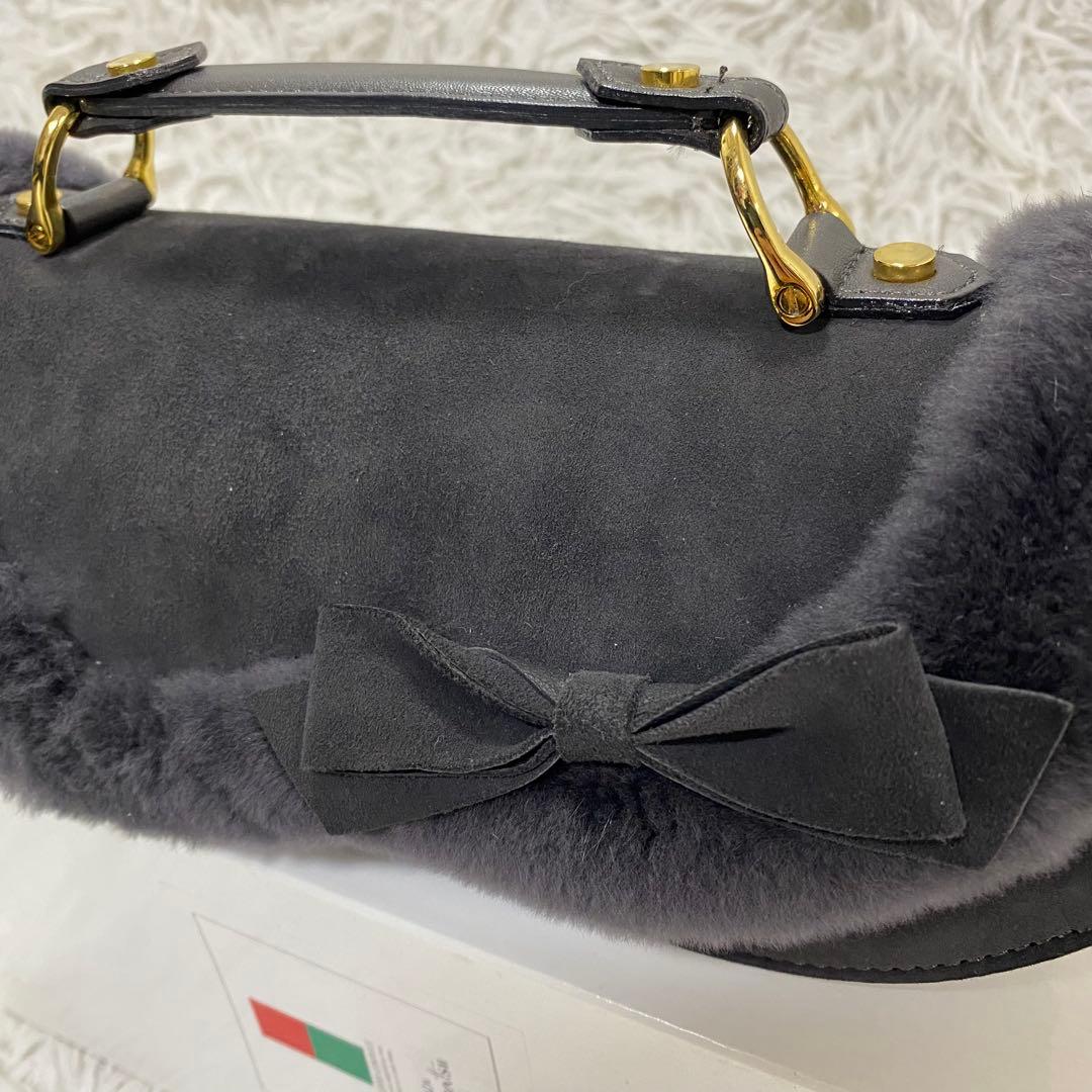 極美品✨銀座カネマツ スエード×ファー リボン ハンドバッグ ミニバッグ