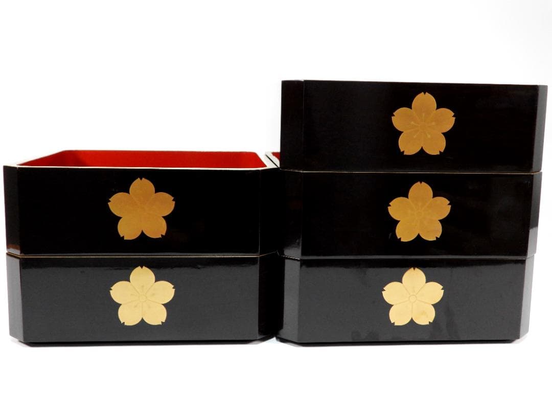 お重箱 5段重 金蒔絵 桜紋　蓋２枚 高脚台付