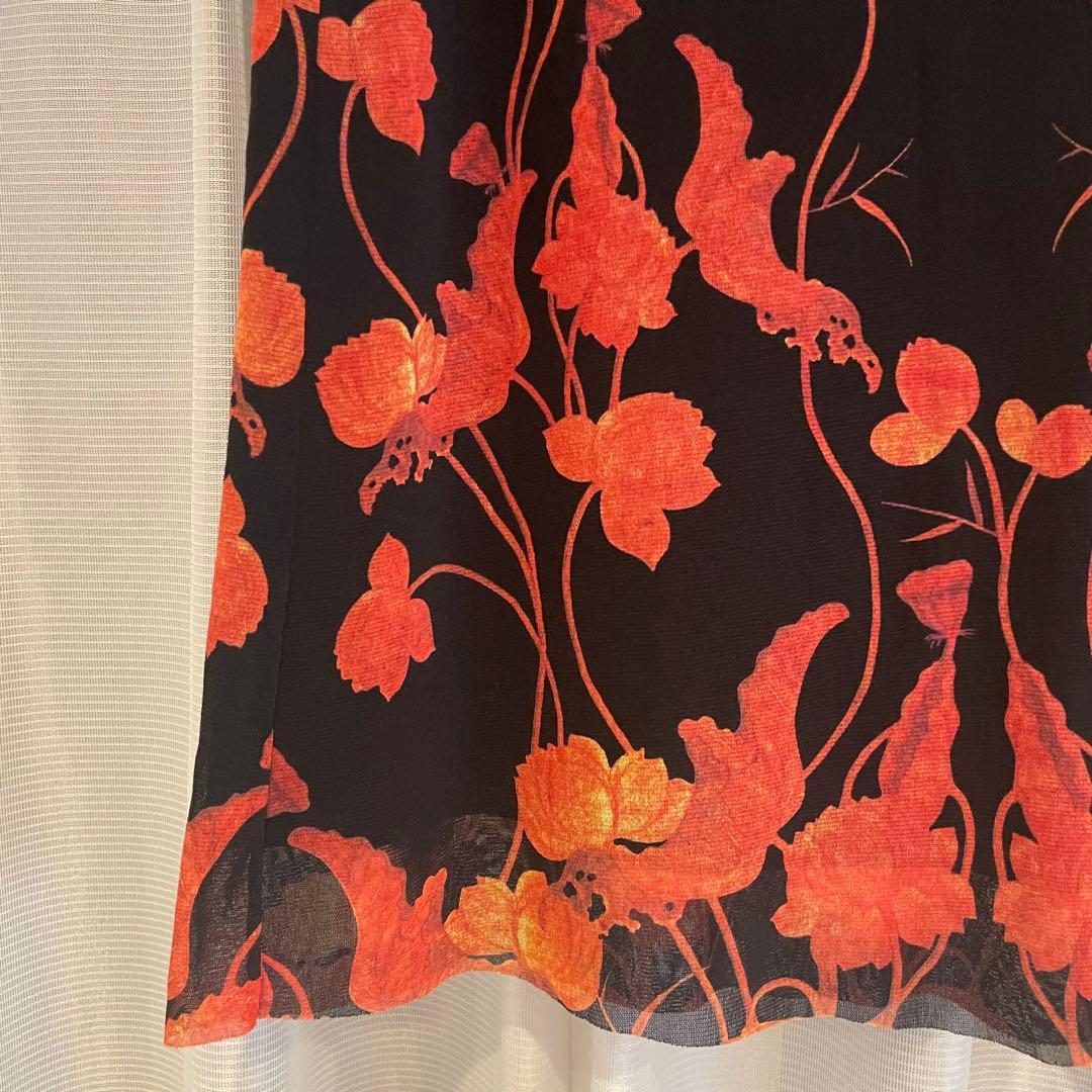 VIVIENNE TAM パワーネット膝丈スカート 黒/オレンジ 花柄 S