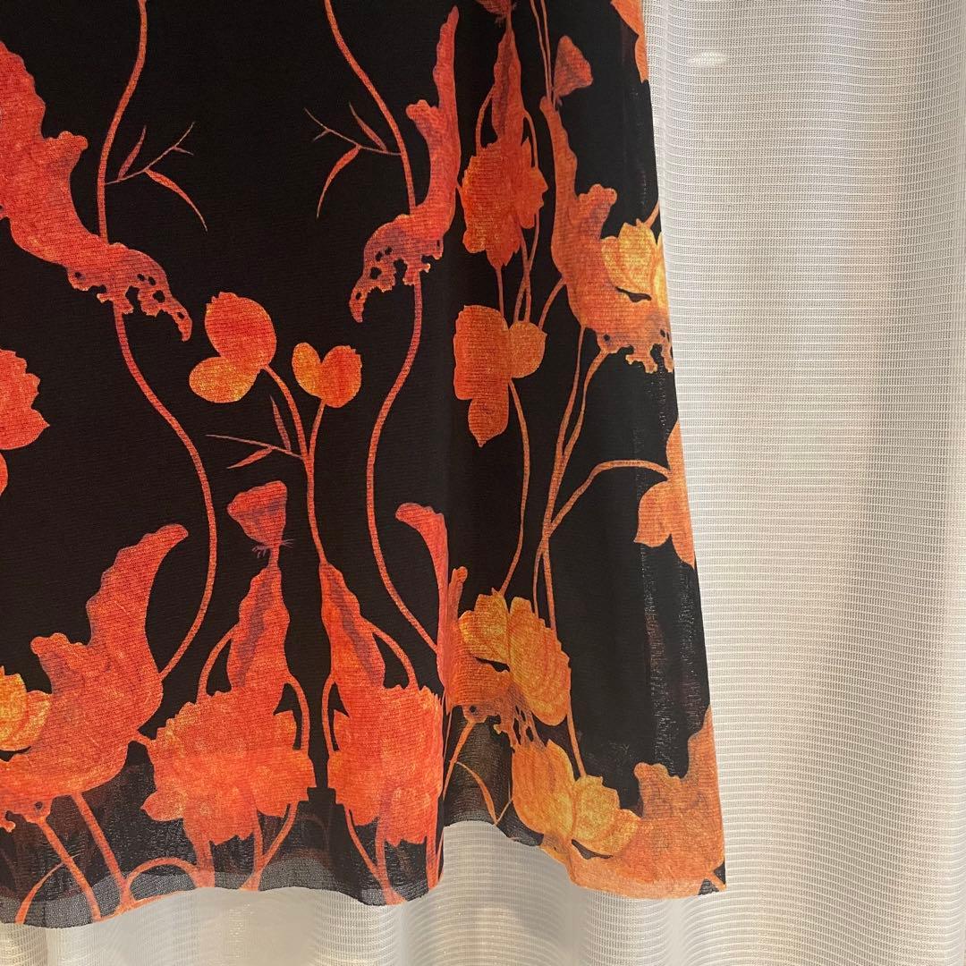 VIVIENNE TAM パワーネット膝丈スカート 黒/オレンジ 花柄 S