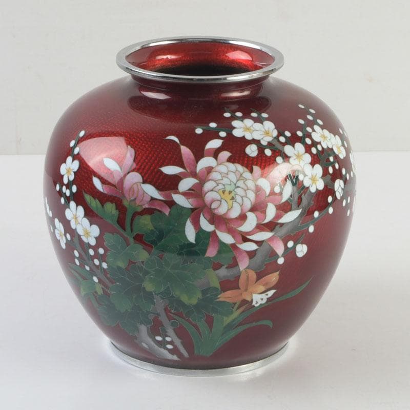 七宝焼　尾張佐藤七宝店謹製　赤透釉　四君子文　花瓶　V　9310