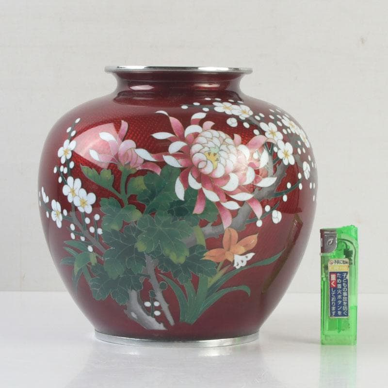 七宝焼　尾張佐藤七宝店謹製　赤透釉　四君子文　花瓶　V　9310