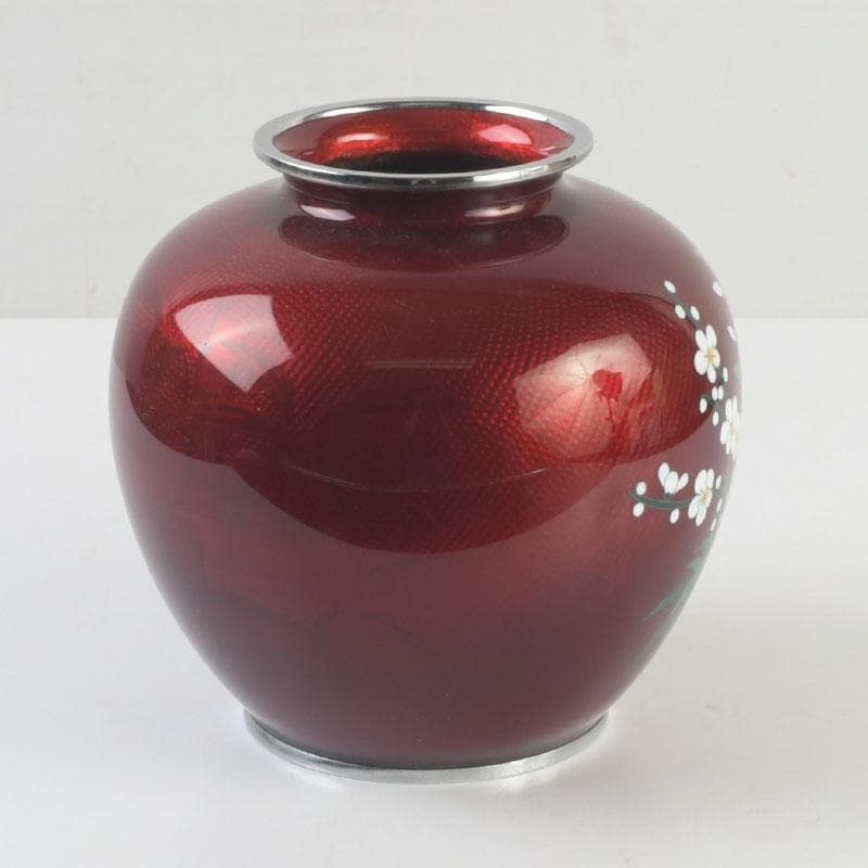 七宝焼　尾張佐藤七宝店謹製　赤透釉　四君子文　花瓶　V　9310