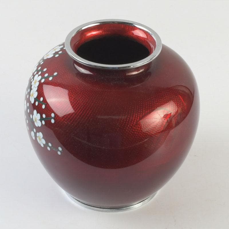 七宝焼　尾張佐藤七宝店謹製　赤透釉　四君子文　花瓶　V　9310