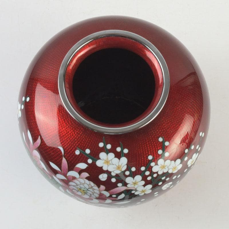 七宝焼　尾張佐藤七宝店謹製　赤透釉　四君子文　花瓶　V　9310