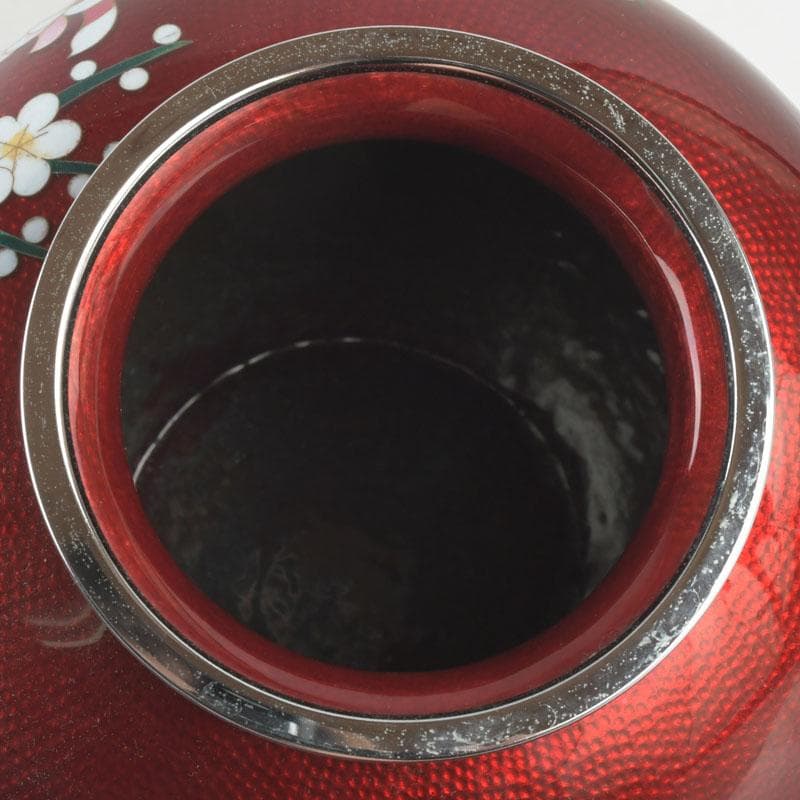 七宝焼　尾張佐藤七宝店謹製　赤透釉　四君子文　花瓶　V　9310