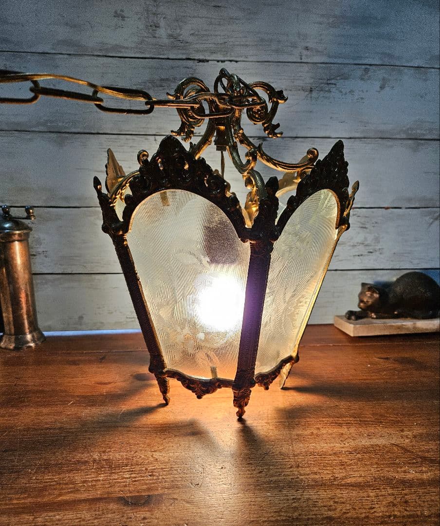 フランスアンティーク 5面ガラスのペンダントライト アールヌーボー 吊り下げ