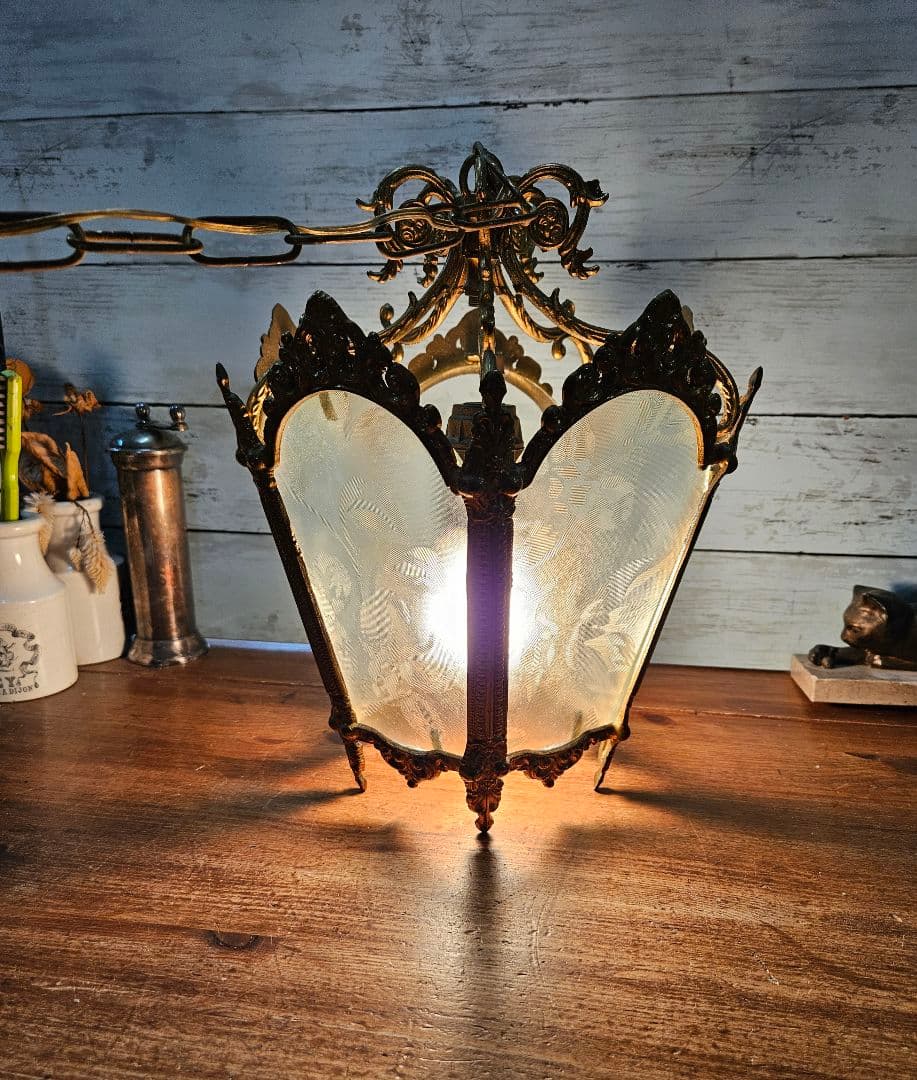 フランスアンティーク 5面ガラスのペンダントライト アールヌーボー 吊り下げ