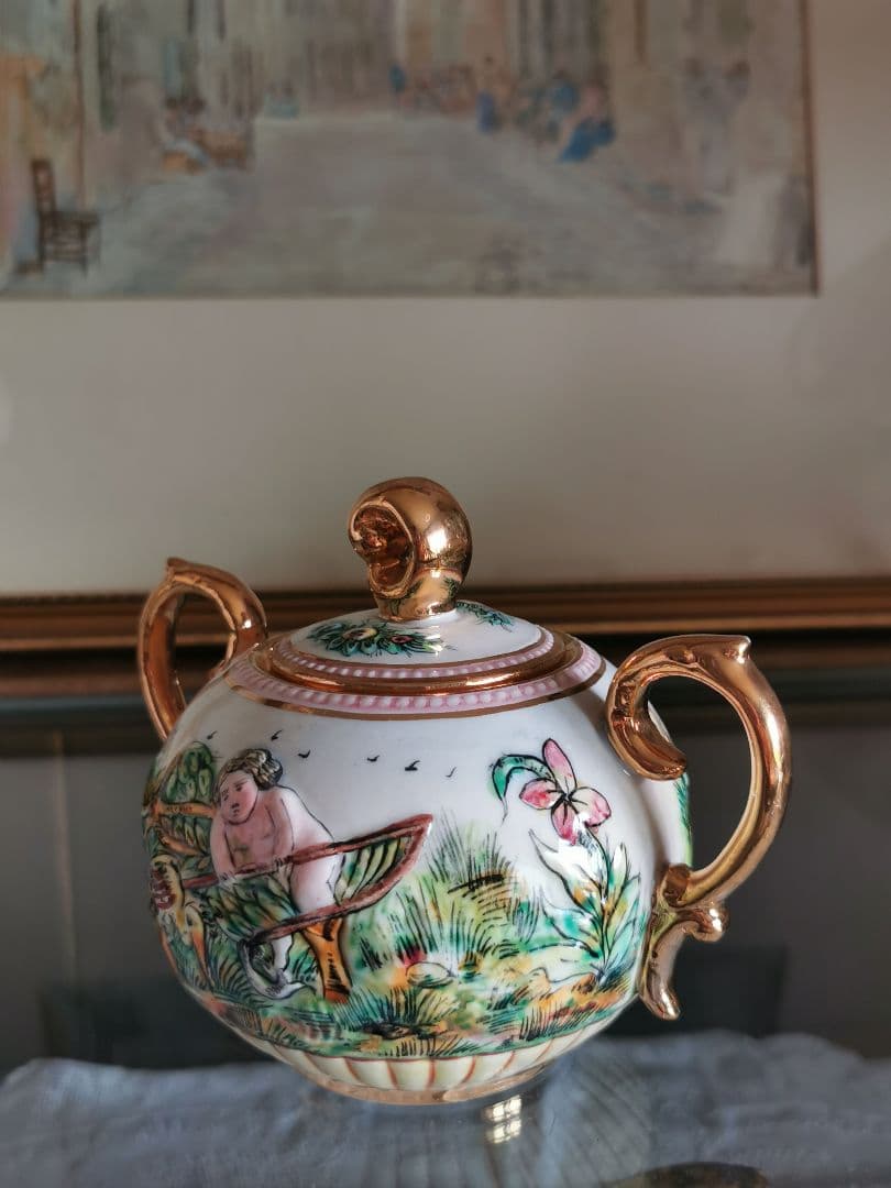 アンティークイタリア カポディモンティ 子供と鳥 実り 釣り 収穫シュガーポット