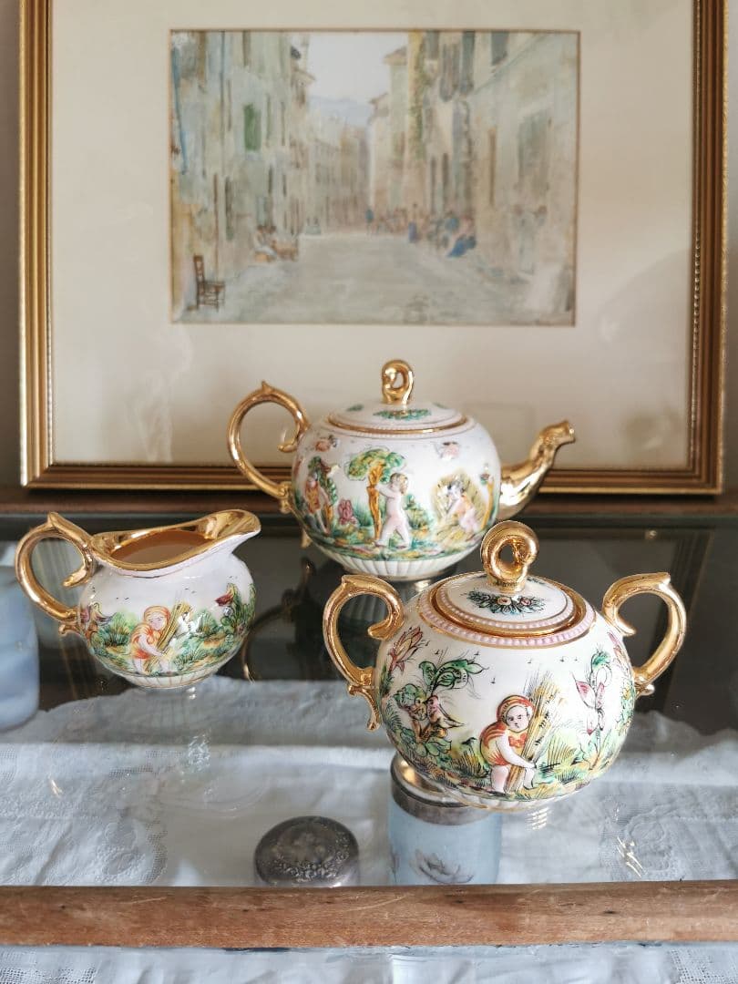 アンティークイタリア カポディモンティ 子供と鳥 実り 釣り 収穫シュガーポット