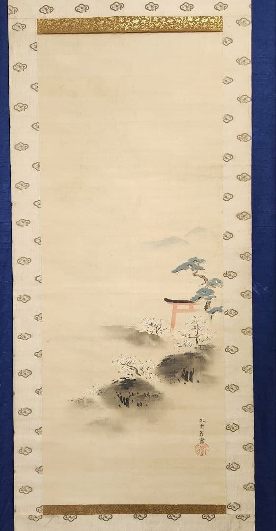 【春色梅花鳥居図】英一蝶 989　掛け軸　肉筆