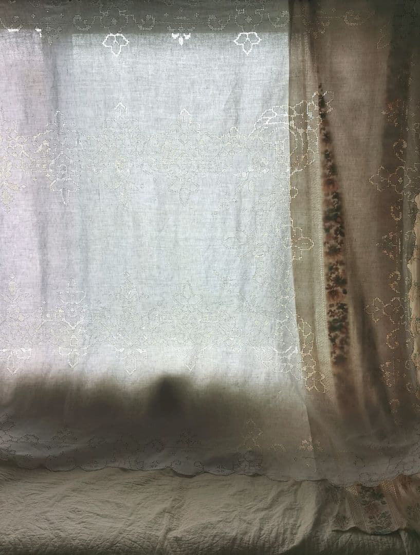 アンティークイタリア モザイクカットワークレース 超大判リネンクロス カーテン