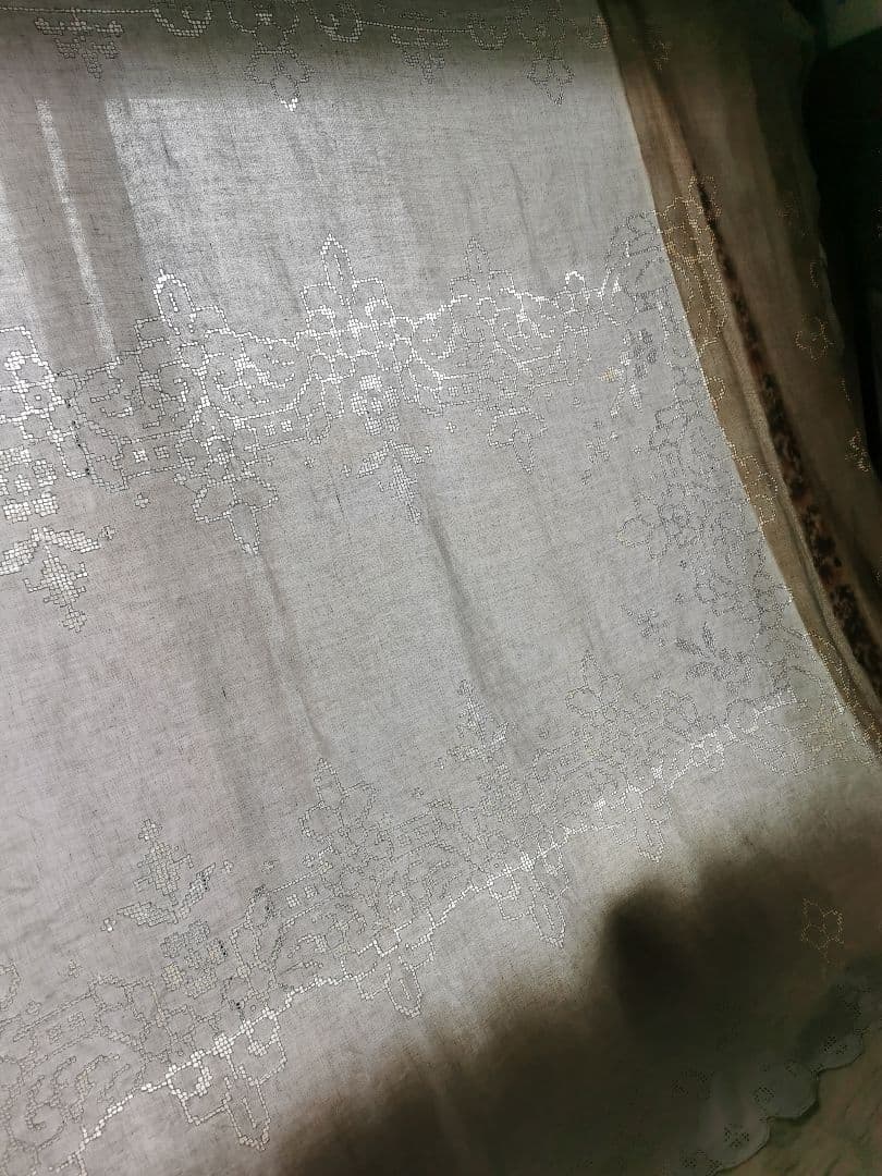 アンティークイタリア モザイクカットワークレース 超大判リネンクロス カーテン