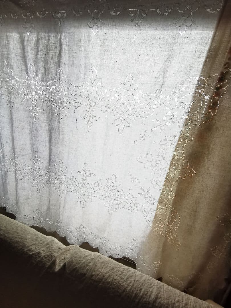 アンティークイタリア モザイクカットワークレース 超大判リネンクロス カーテン