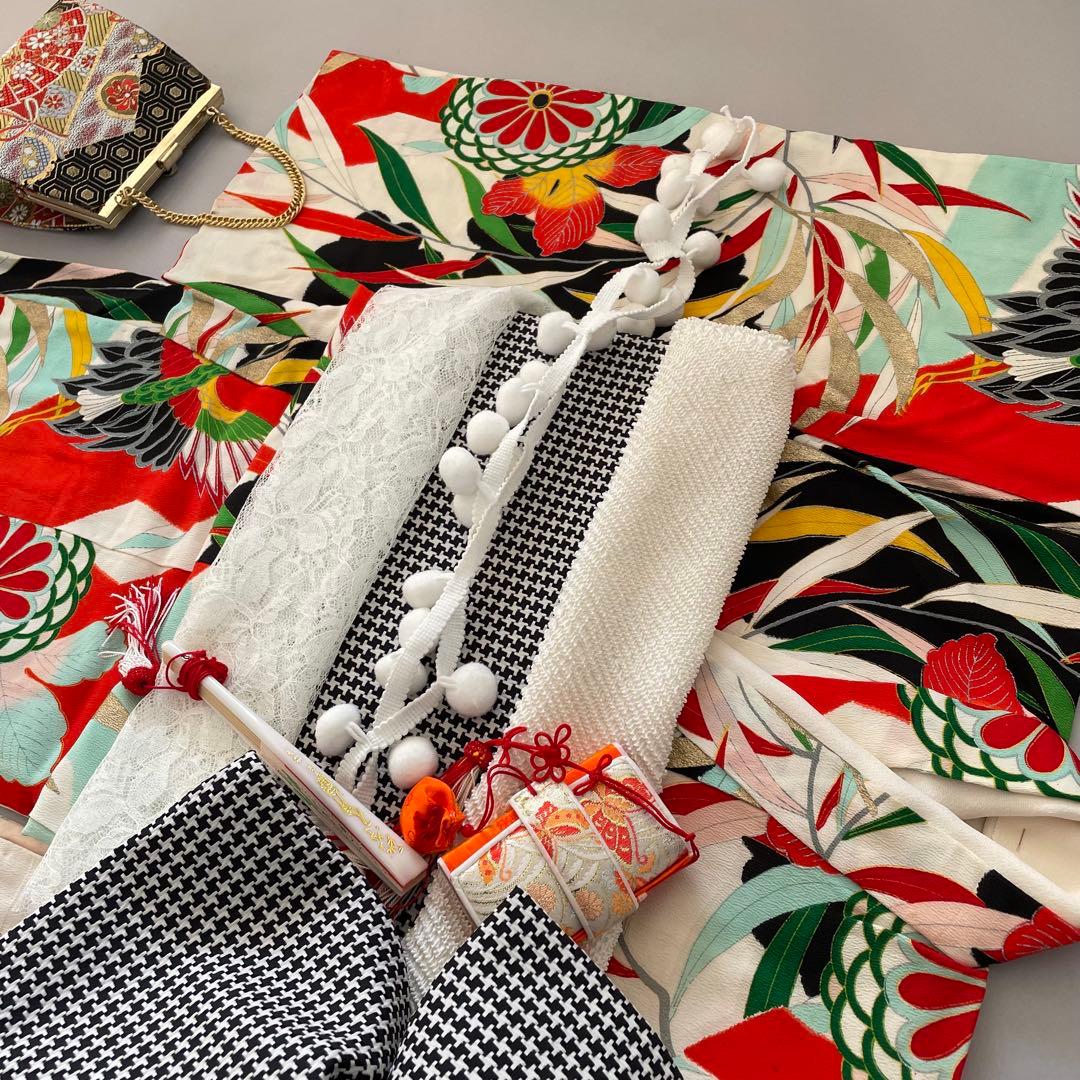 七五三　アンティークお着物セット　３歳　作り帯コーデ　髪飾り付き