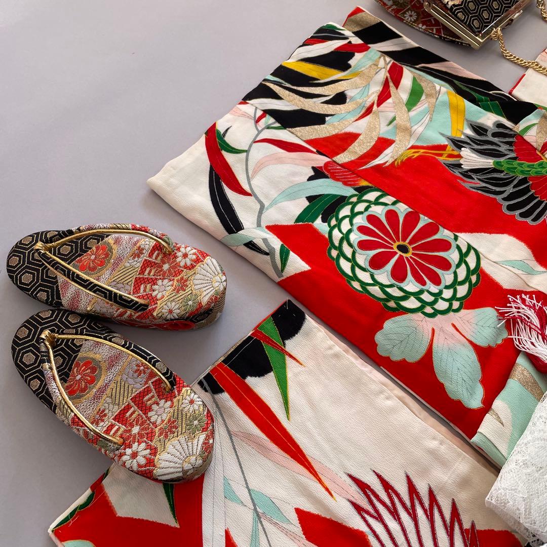 七五三　アンティークお着物セット　３歳　作り帯コーデ　髪飾り付き