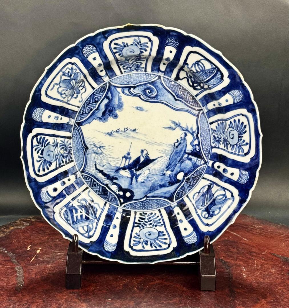 明末時代 章州平和窯 東インド会社クラック瓷青花葵口開光高士図大皿WWTT105