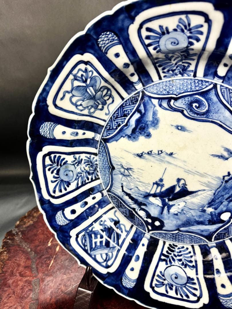明末時代 章州平和窯 東インド会社クラック瓷青花葵口開光高士図大皿WWTT105